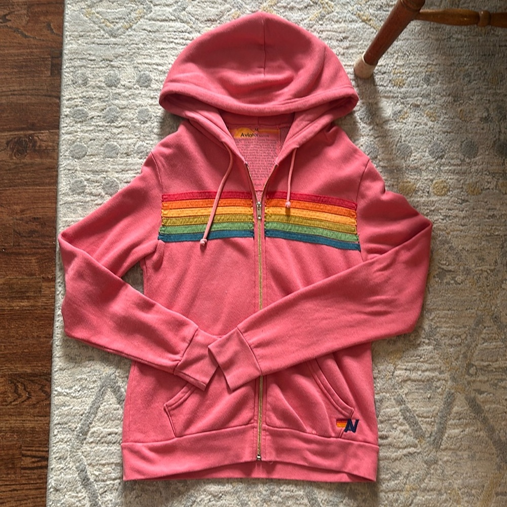 Aviator Nation Six Striped Pink Serape Rainbow Zip Hoodie